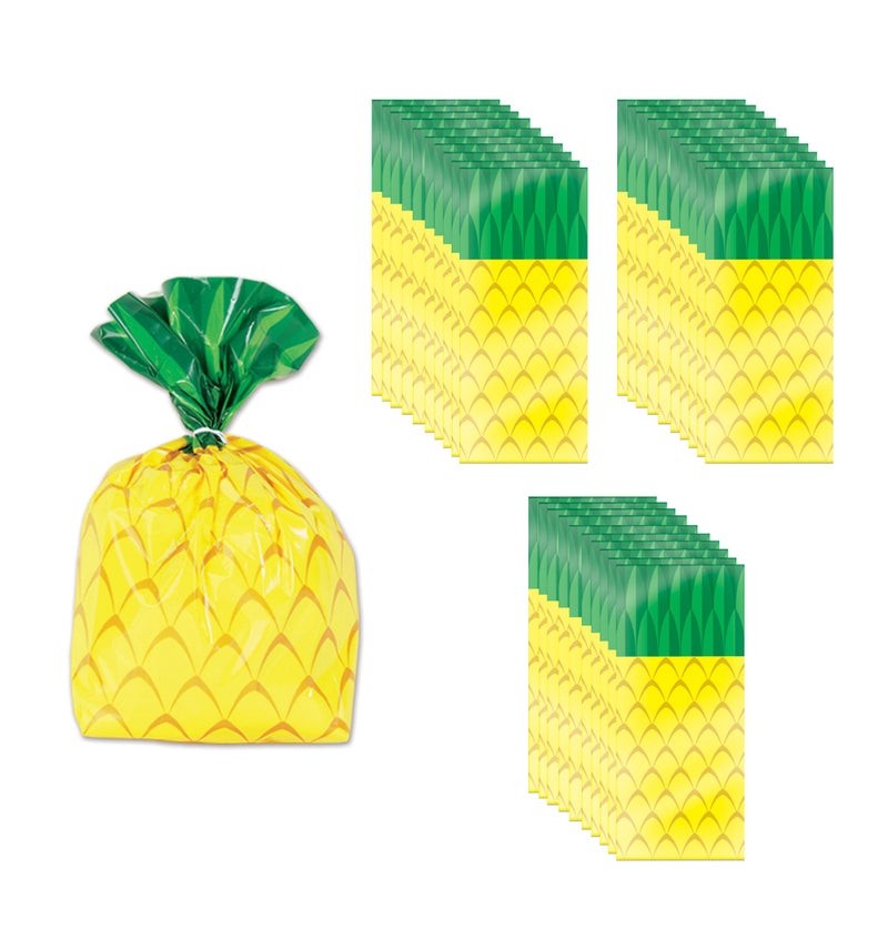 Beistle 75 Piece Tropical Treat Favor Bags - Luau Party Pineapple Cello Candy Bags With Twist Ties, Yellow/Green - Image 1
